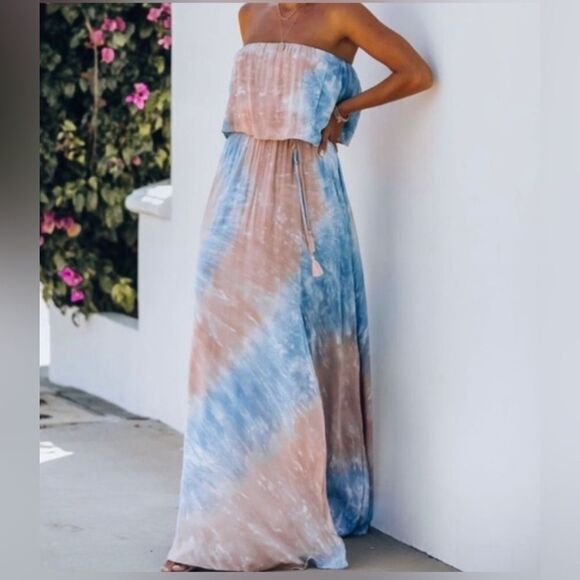 Aakaa Strapless pastel Pink & Blue Tie Dye Maxi Dress with Deep Slit, Small - Picture 3 of 4